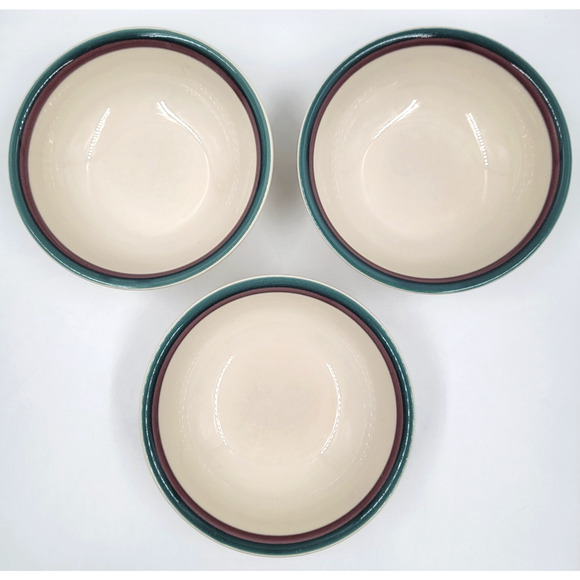 Pfaltzgraff Juniper Ivory Cereal Bowls 6" Green & Plum Band USA Set of 3 - Picture 4 of 6